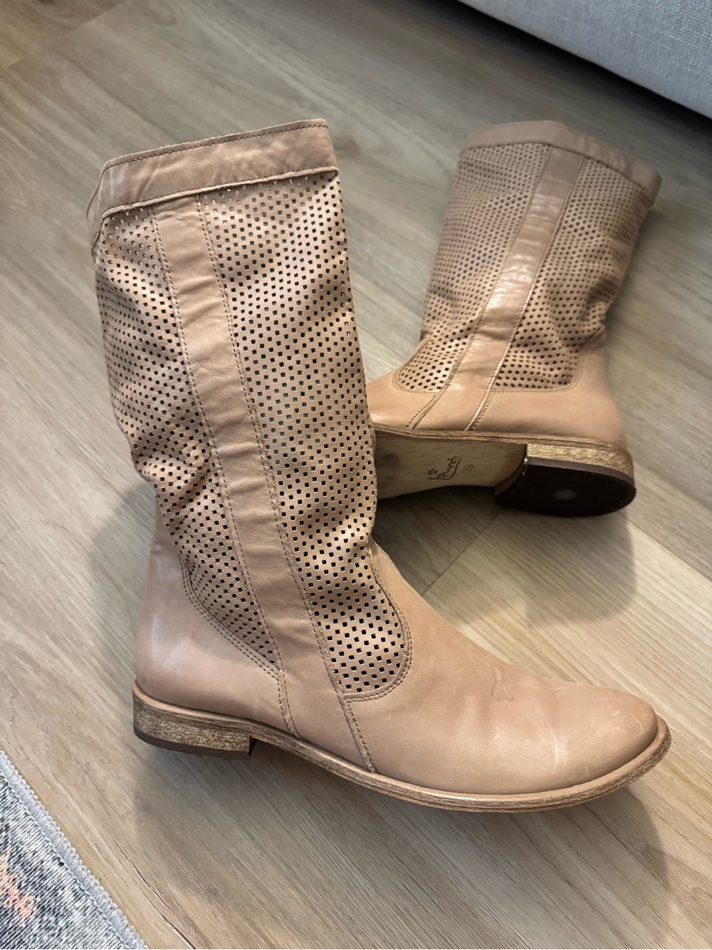 Women’s Tan Beige Mid-Calf Perforated Leather Boots Size 39 / 8